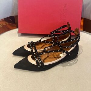 New Valentino Black Ankle Strap Flats